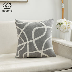 Socone17x17 Inch Chenille Pillow Cover With Abstract Line Embroidery Decorative Cushion Case