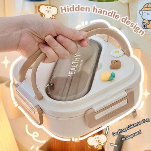 กล่องข้าวแบบพกพาน่ารักและเรียบง่ายพร้อมช่องสำหรับเด็กนักเรียนหญิง กล่องเบนโตะปิกนิกพลาสติกสำหรับเก็บอาหารในไมโครเวฟ