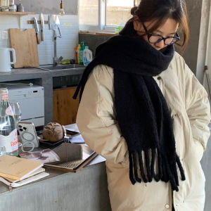 Soft Mohair Scarf Solid Color Warm Winter Wrap for Women Men Chic Student Couple Tassel Shawl Large Thickened Trendy Scarf 