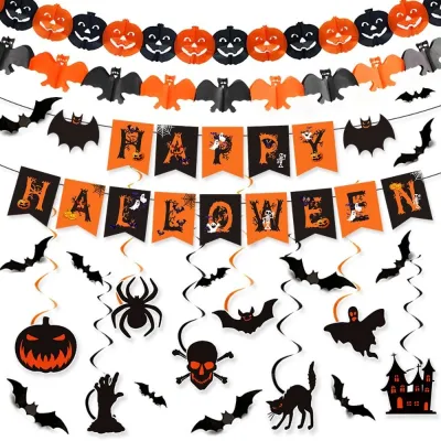 LARSC 5Pcs/Set DIY Halloween Hanging Banner Halloween Flag Creative Halloween Garland Background Wall Black Orange Halloween Bunting Window Ornament