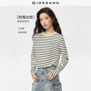 Giordano Women 100% cotton striped embroidery long sleeve tee Free Shipping 05326862