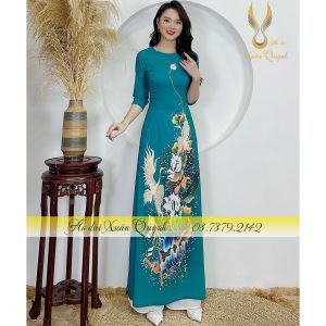 Áo Dài Truyền Thống Hồng Hạc Hoa Sen Chấm Bi Lụa Habutai K02 Xanh - Áo Dài Xuân Quỳnh