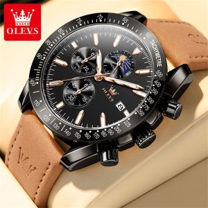 OLEVS official original authentic new mens watch waterproof luxury brand fashion business sports leisure multi-functional luminous calendar quartz watch leather strap gift for boyfriend