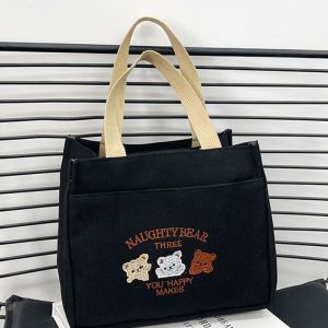 EchoBliss  กระเป๋าถือผ้าแคนวาสสไตล์เรียบง่าย ดีไซน์หมีน่ารัก เหมาะสำหรับใช้ในชีวิตประจำวัน มีซิปและช่องใส่มือถือ