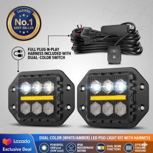 DL-026 3" Black Warrior 6 LED Small Square Work Light | White Beam + Yellow DRL Flash | Universal Off-Road Auxiliary Light | Pair