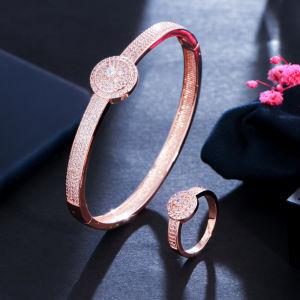 SEQUITO Fashion Women Jewelry Set Golden Silver Rose Gold Plated Full Micro Pave AAAAA CZ Zirconia Stone Open Cuff Round Bangle Ring for Prom Party SJ281