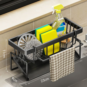 Sponge Holder for Kitchen Sink Stainless Steel Rustproof Kitchen Sink Caddy with Towel Rod Kitchen Sink Organizer with Auto Draining Tray Sink Sponge Holder Self Drain Kitchen Sponge Holder