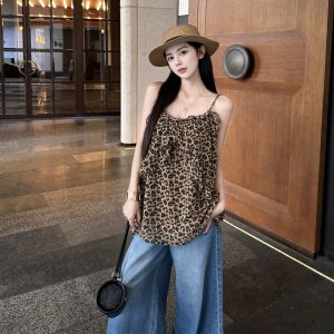 Áo Hai Dây Da Báo Nữ Dáng Rộng Thiết Kế Bèo Nhún Phong Cách Retro Cá Tính