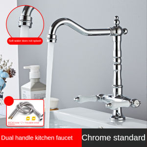 Brass Kitchen Faucet Dual Handle Kitchen Sink Faucet 360 Degree Swivel Spount Hot and Cold Water Mixer Basin Faucet Gold Chrome