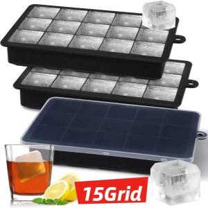 15 Grid Ball Big Square Ice Cube Mold - Black Silicone Ice Cube Maker - Reusable DIY Ice Cube Tray - for Freezer Drinks Whisky Wine Large Ice