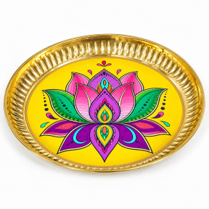 Brass Pichwai Heavy Plate 6 Inch | Decorative Pooja Thali with Colorful Lotus Design for Home Temple Festivals Gifting & Home Decor (Pack of 1 Pc)