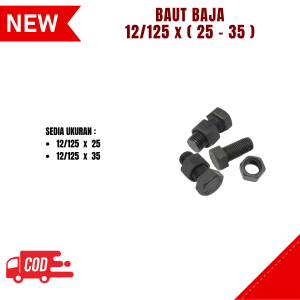 Baut Mur Baja Ukuran 12 x 25 mm 12 x 35 mm Drat 125 Halus Universal Baja Hitam Nut Bolt Baud Hexagonal Kepala Segi Enam