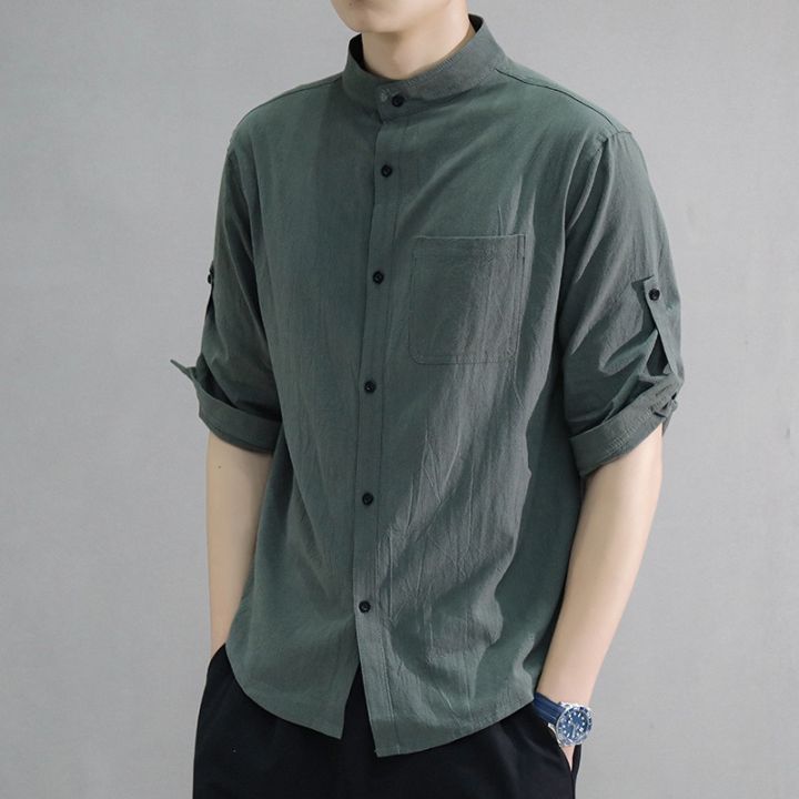 【Ready Stock】Chinese Collar 3/4 Sleeve Polo White/Black/Green Men's Fashion  Korean Version Plain Stand Up Neck Cotton Linen Shirt Summer Breathable No 