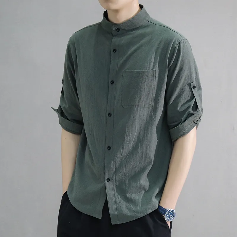 Ready Stock】Chinese Collar 3/4 Sleeve Polo White/Black/Green Mens