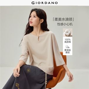 Giordano Beau Monde Women 100% cotton keyhole crewneck 3/4 sleeve tee Free Shipping 13326602