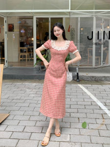 Impression Fashion Women Retro Plaid Sweetheart Print Lace Square Neck Short Sleeve Cinched Waist Sheath Dress