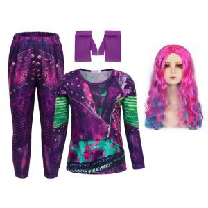 4Pcs Descendant Costume Cosplay Halloween Costume Mal Evie Shirt Pants Gloves Wigs Disguises Mal Costume Accessories