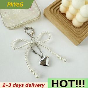 PkYeG Delicate Beaded Key Chain Handmade Pearl Bow Shaped Pendant Keyring Heart Keychain Ornament Pearl Decoration For Bags Phones