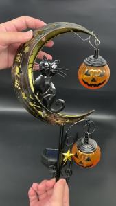 Solar Halloween Outdoor Lights Black Cat Moon Garden Stake Lights Double Pumpkin Lanterns Waterproof Metal Yard Art Decor For Pathway Lawn Patio Walkway Fall Festive Ornament