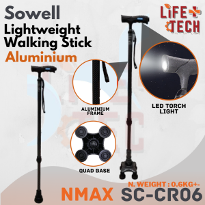 SOWELL 360° Rotating Carbon Fiber Coated Aluminium Shock-Absorbing Walking Stick with Swappable Base & LED Light | Cane