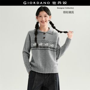 Giordano Women Contrast jacquard cable knit trim sweater Free Shipping 18356521
