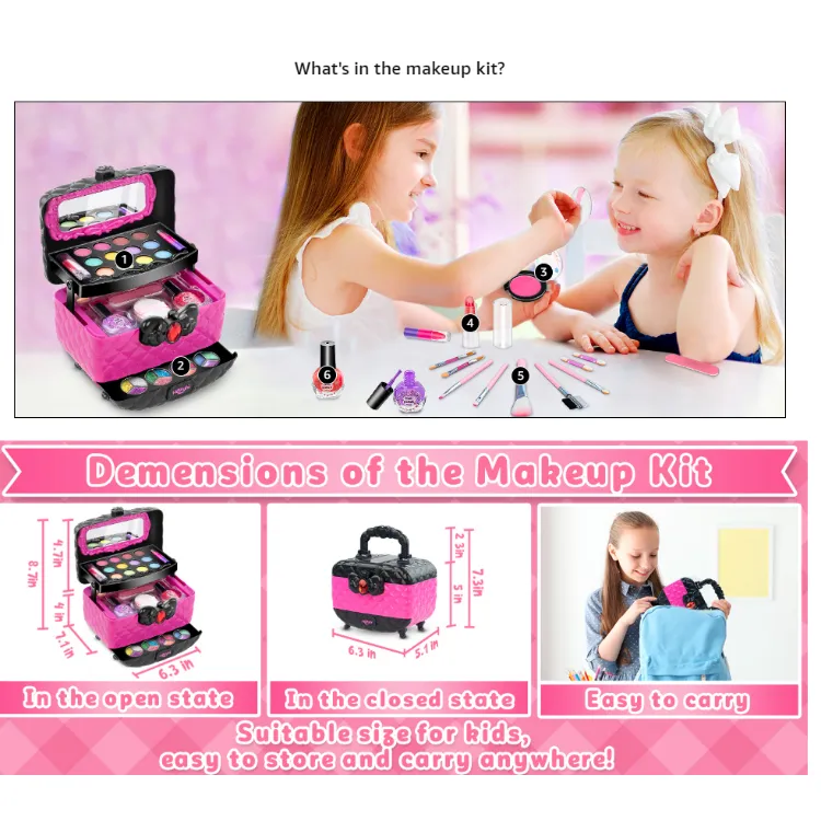 Hollyhi 41 Pcs Kids Makeup Kit for Girl, Washable Makeup Set Toy with Real Cosmetic Case for Little Girls, Pretend Play Makeup Beauty Set Birthday Toy