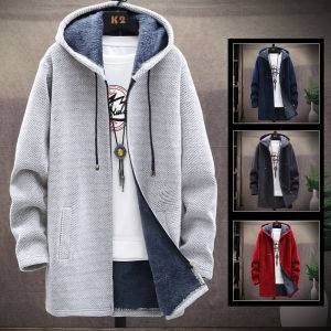 Mens Long Knit Cardigan Autumn Winter Sweater Coat Fleece Heavy Hooded Trench Coat Solid Chenille Mens Fashion Jacket