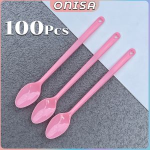 Onisa 100pcs Disposable Plastic Spoon Colored Long Teaspoon for Dessert Milk Tea Sorbet