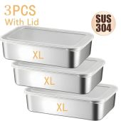 4PCS 304 Stainless Steel Box Kitchen Storage Box Fresh-keeping Box with Lid Household Refrigerator Fruit Containers Lunch Box BBQ Food Trays for Picnic