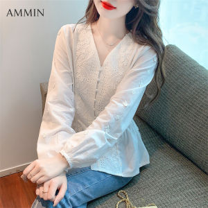 AMMIN ผู้หญิงสไตล์เกาหลีแขนยาวปักลูกไม้เสื้อชีฟอง 2022 แฟชั่น รุ่นเอวลูกไม้ 200 ชั่วโมง กระเป๋า ชุดประกบ รูปแบบ 2 สี