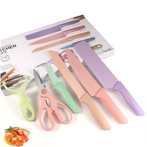 KNIFESET006 - 6-in-1 Kitchen Knife Set with Slicing Knife Bread Knife Fruit Knife Peeler Scissor Pastel Color High Quality Ceramic Multifunction Kitchen Knife