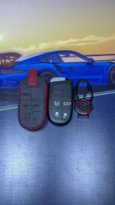PEICHI Key Fob Cover Leather for Grand Cherokee Renegade Compass Chrysler 200 300 Durango Challenger Journey 5 Buttons(black-red)