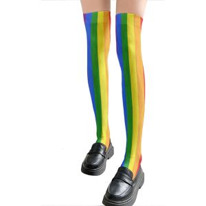 Women Rainbow Multicolor Striped Print Thigh High Stockings Carnivals Parties Silk Over Knee Long Socks Tights Hosiery