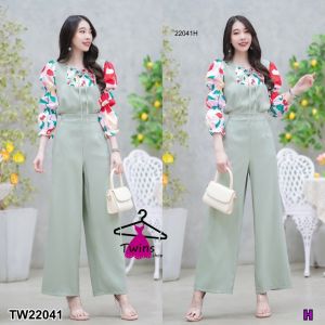P22041 Set 2 ชิ้น เสื้อแขนพองลายดอกไม้ + กางเกงขายาว