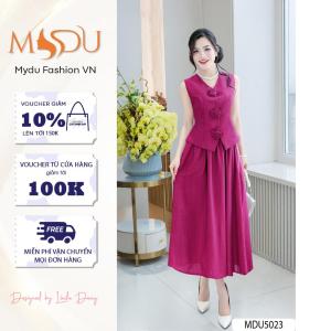 Set Áo Váy MDU5023 Chất Đũi Nhăn Thiết Kế Áo Vest Cách Điệu Đính Hoa Phối Chân Váy Xòe Nhẹ Từ MDU