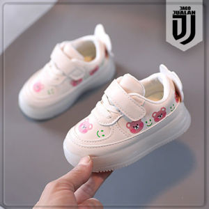 Sepatu Sneakers Lampu LED Anak usia 1 2 3 4 5 6 tahun / Sepatu Kets Tali Perekat Anak Cewek Motif Teddy Bear / Sepatu MENYALA Anak Balita Perempuan Fashion Sporty / Sepatu Baby Casual Wanita Motif Beruang Lucu / Sepatu Running Anak Fashion Lampu LED Smile