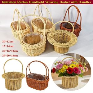 MADEWITH Handwoven Imitation Rattan Storage Baskets 8 Styles with Handle Vegetable Fruit Flowers Basket Household Handhold Weaving Basket Restaurant Serving Tabletop Display
