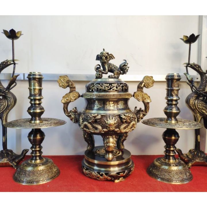 Bộ Thờ Ngũ Sự Đỉnh Song Long Chầu Nguyệt bằng đồng nguyên chất làm màu ...