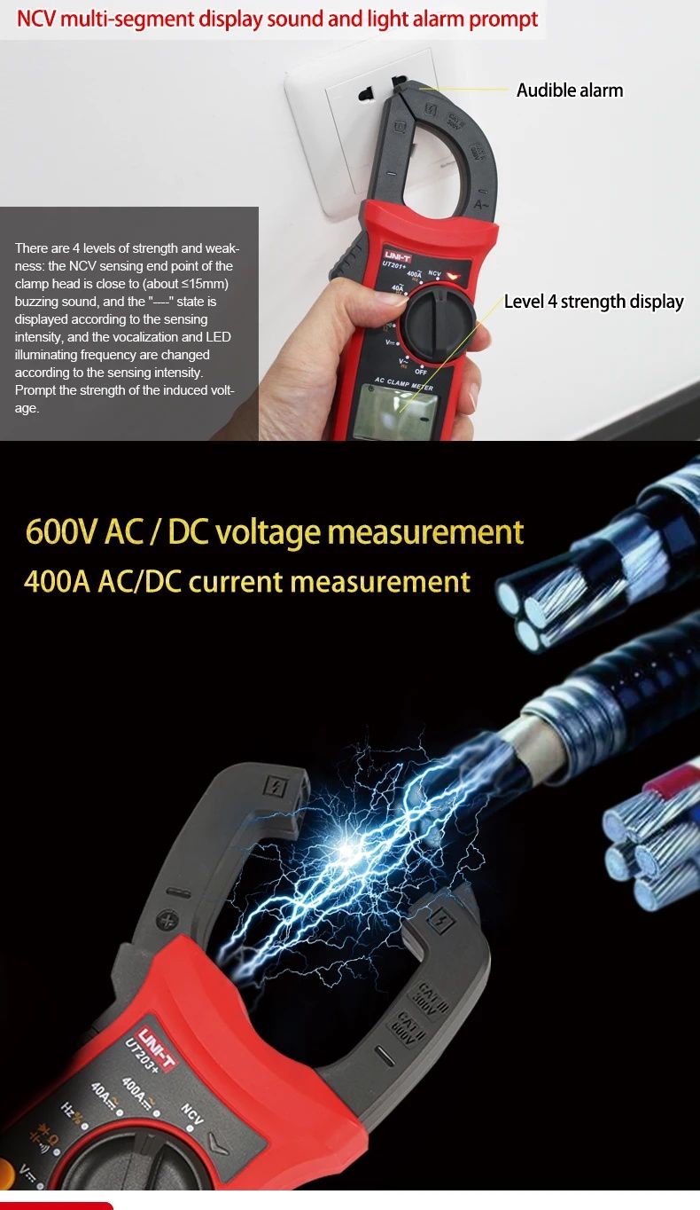 UNI-T UT204+ UT202A+ AC Amperimetric Clamp Meter 600A Hook Ammeter NCV ...