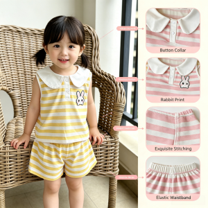 AILEBE Kids Sets Cute Rabbit Striped Top Shorts Set Button Collar Print Design Elastic Waistband Easy Wear Soft Lightweight Fabric Summer Casual Outfit Perfect For School Outdoor Daily Pambahay OOTD Girls 1-10 Years