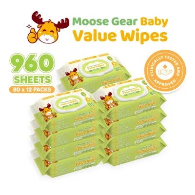Moose Gear Baby Value Wipes Aloe Vera Scent 960s (12PACKS) Hypoallergenic w/ Vitamin E & Aloe Extract
