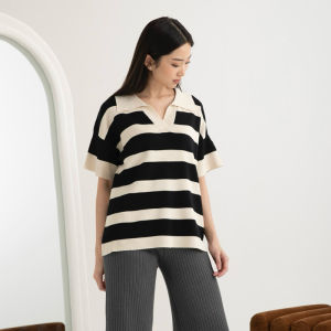 Clouwny Minji Stripes Top Lengan Pendek Atasan Rajut Wanita Halus Nyaman Santai Korean Top