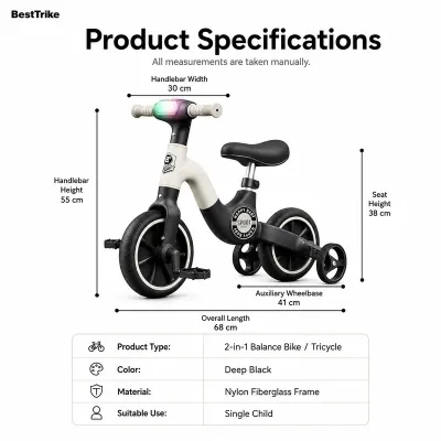 BestTrike 2-in-1 Balance Bike/Tricycle Convertible Toddler Training Bike with Adjustable Seat and Non-Slip Handlebars. Suitable for indoor and outdoor children aged 1-4 years.