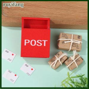 ruyifang 1Set 1:12 Dollhouse Miniature Letter Box Red Mailbox With Mail Sack Postcard Fairy Garden Door Furniture House Decor Toy
