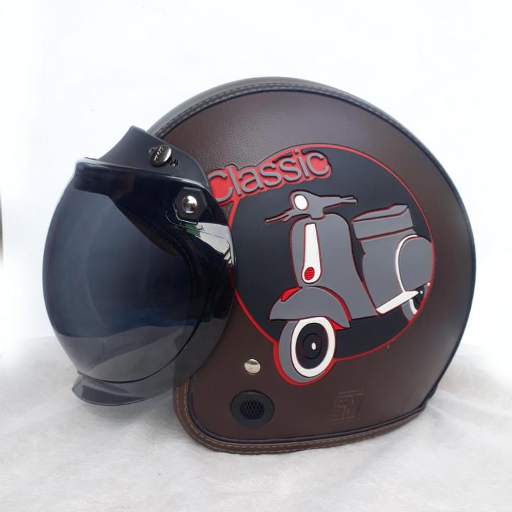 Helm kulit bogo Dewasa clasik retro karakter Vespa motif coklat