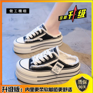 [Free Shipping] Canvas Slip-On Sandals For Women New Spring Collection Thick-Soled For Outdoor Wear With A Hidden Heel For Added Height White Sneakers