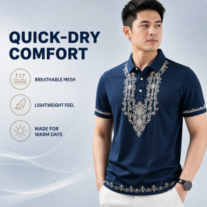 Asean Traditional Classic Polo Shirts for Men Philippine Ethnic Retro Barong Tagalog Polo for Men Formal Breathable Short Sleeves