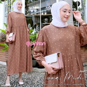 Luna - Midi Dress Gamis Rayon Viscose Motif Polkadot Model Busui Remaja Trend Kekinian Terbaru
