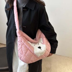 MEEU Polyester Down Cotton Padded Crossbody Bag Foldable Large Capacity Cartoon Dog Handbag Crossbody Bag Soft Plaid Messenger Bag Women