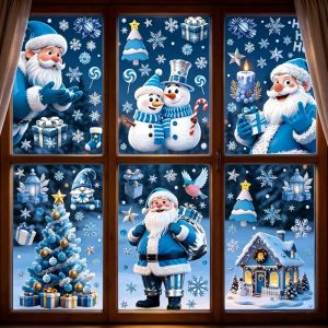 MODERNLUX Blue White Merry Christmas Window Stickers Cartoon Santa Claus Electrostatic Xmas Decorative Sticker Kawaii No Residue Christmas Static Decals Christmas Decor
